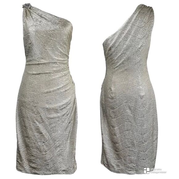 MAGGY LONDON Women's Faded Gold Metallic Frost Asymmetric Cocktail Dress - Picture 1 of 6